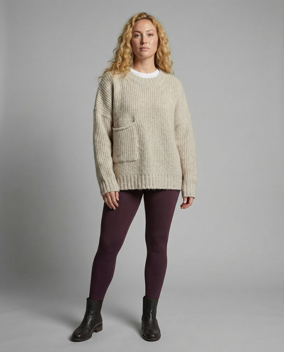 Chunky Knit Sweater | Front Patch Pocket | Crew Neck-Fashion Nora