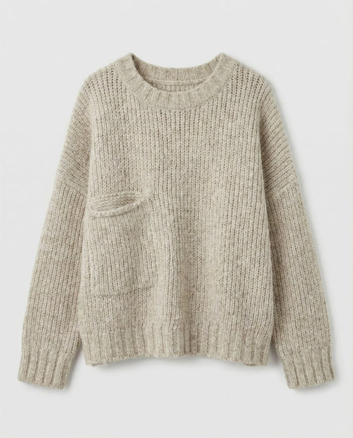 Chunky Knit Sweater | Front Patch Pocket | Crew Neck-Fashion Nora
