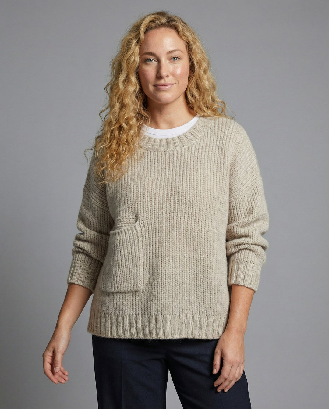 Chunky Knit Sweater | Front Patch Pocket | Crew Neck-Fashion Nora