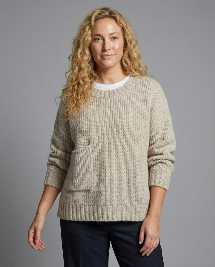Chunky Knit Sweater | Front Patch Pocket | Crew Neck-Fashion Nora
