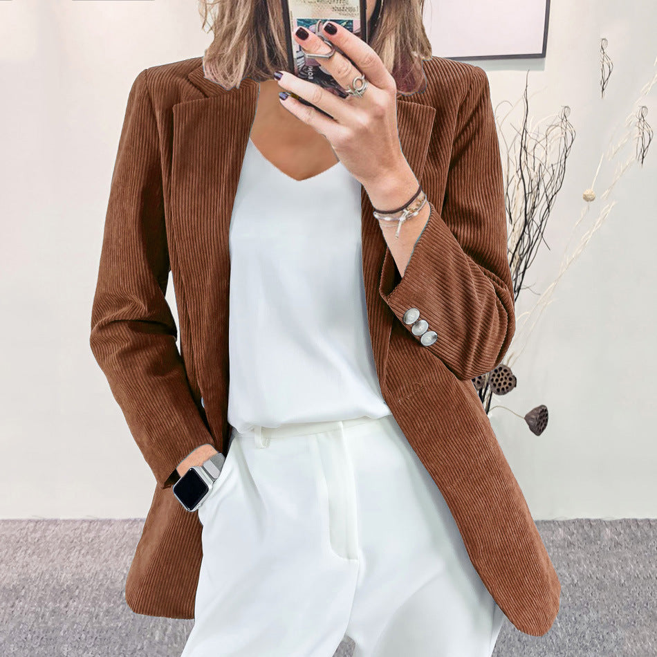 Corduroy Blazer | Notch Lapel | Elegant Button Details-Fashion Nora