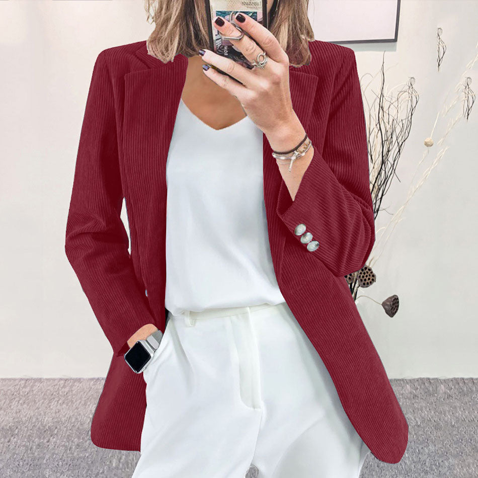 Corduroy Blazer | Notch Lapel | Elegant Button Details-Fashion Nora