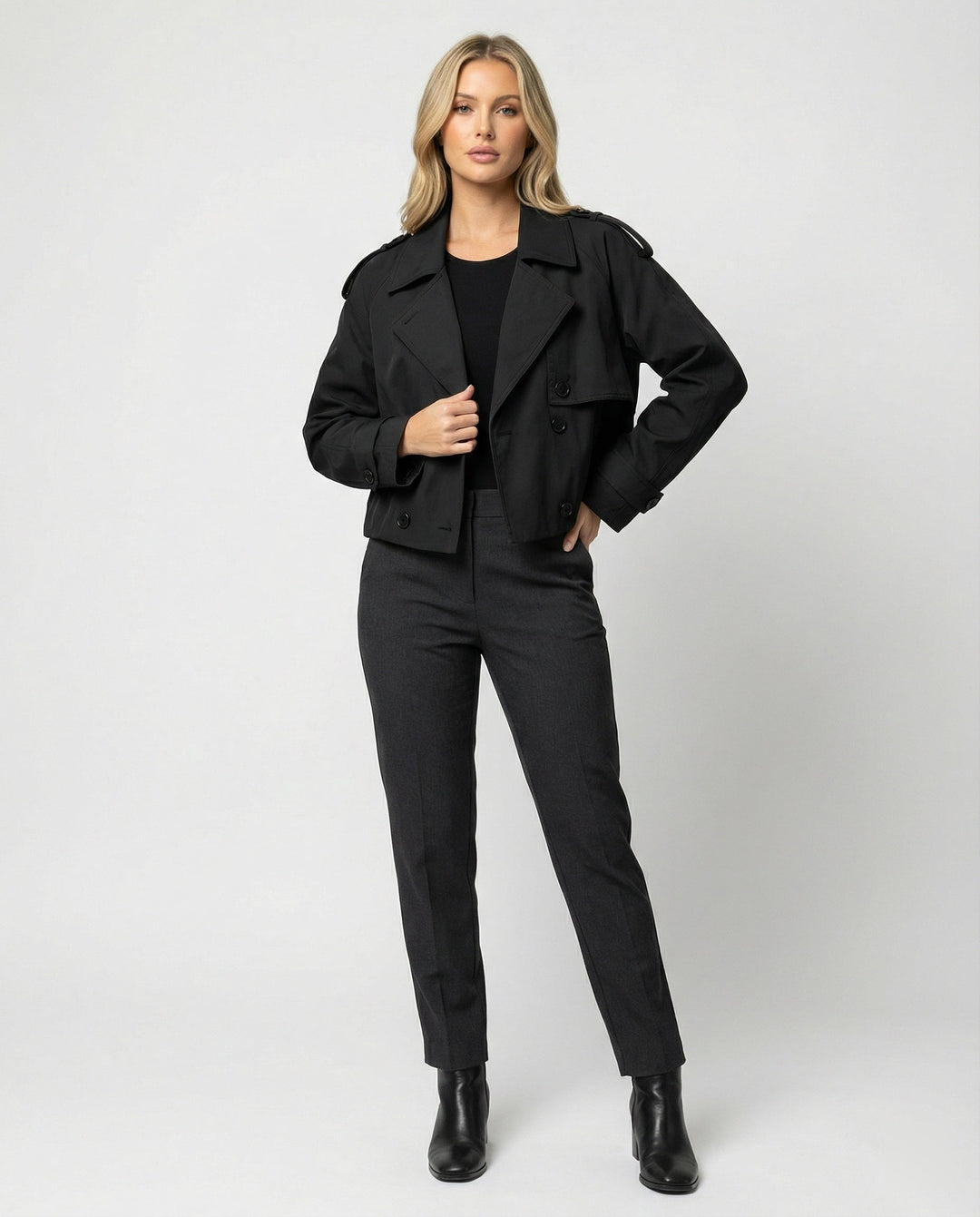 Cropped Faux Leather Jacket | Lapel Collar | Double Button Front-Fashion Nora