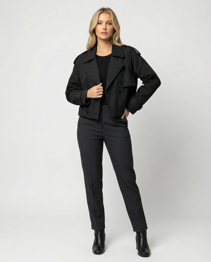 Cropped Faux Leather Jacket | Lapel Collar | Double Button Front-Fashion Nora