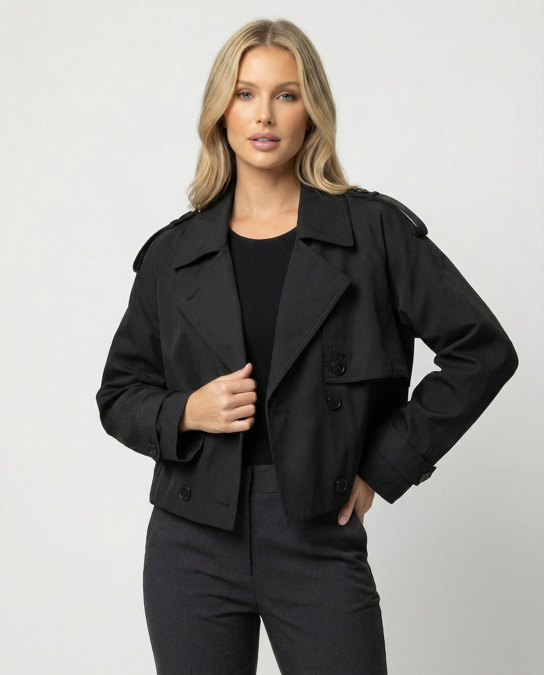 Cropped Faux Leather Jacket | Lapel Collar | Double Button Front-Fashion Nora