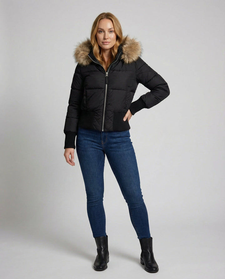 Cropped Padded Winter Jacket | Detachable Faux Fur Collar | Hooded-Fashion Nora