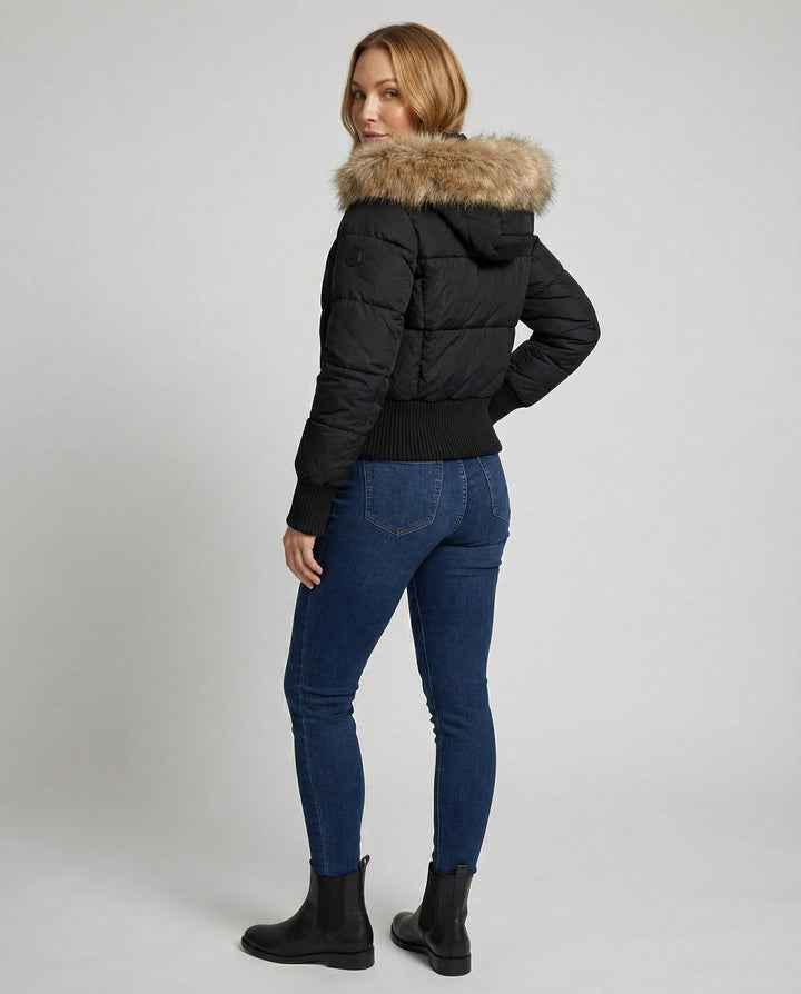 Cropped Padded Winter Jacket | Detachable Faux Fur Collar | Hooded-Fashion Nora