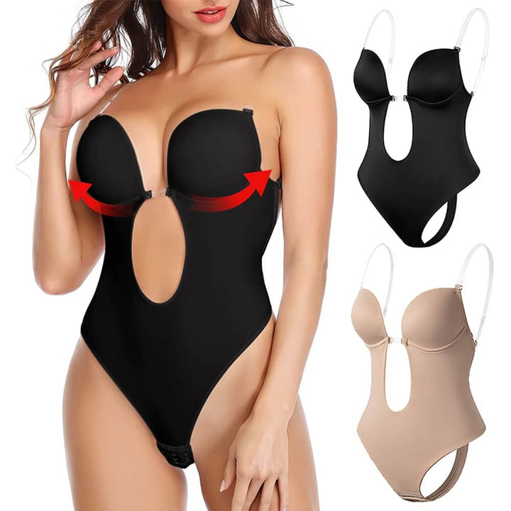Deep V Backless Bodysuit | Plunge Shapewear | Open Back Bra-Fashion Nora
