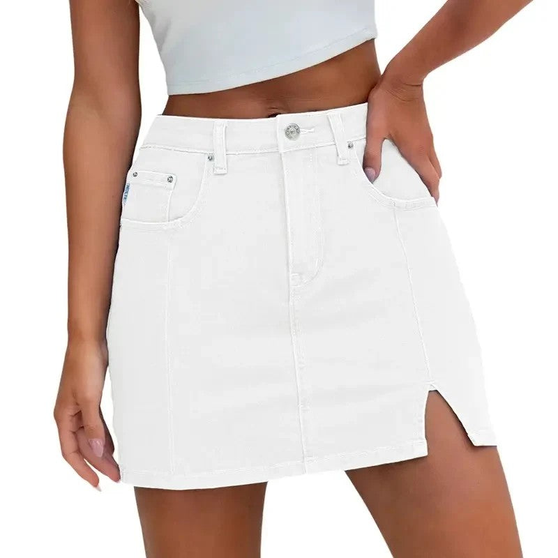 Denim Skirt | High Waisted Mini | Side Slit | Built In Shorts-Fashion Nora