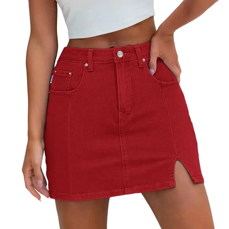 Denim Skirt | High Waisted Mini | Side Slit | Built In Shorts-Fashion Nora