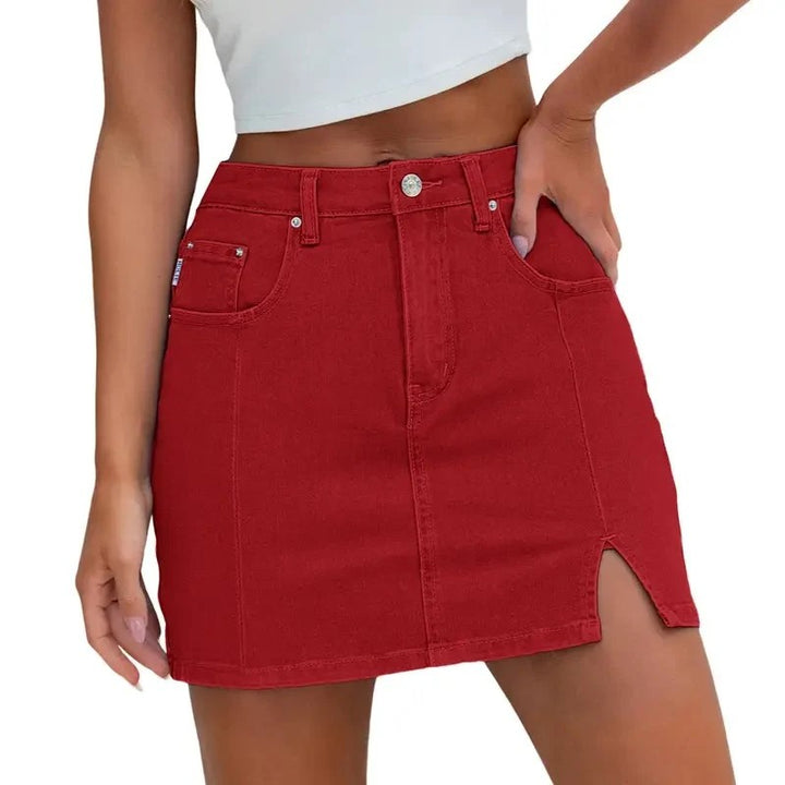 Denim Skirt | High Waisted Mini | Side Slit | Built In Shorts-Fashion Nora
