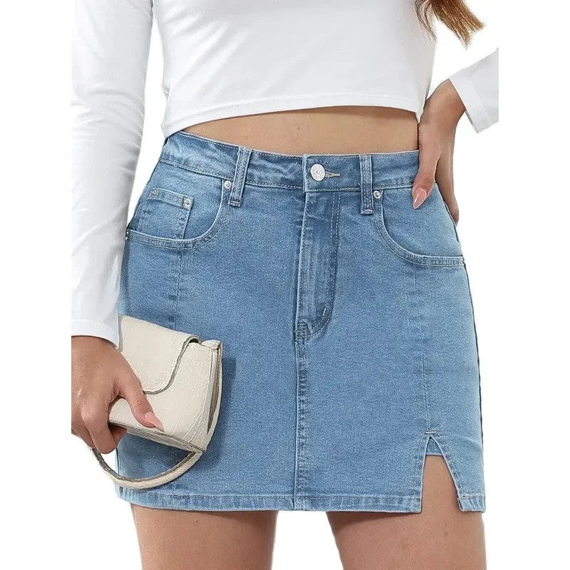 Denim Skirt | High Waisted Mini | Side Slit | Built In Shorts-Fashion Nora