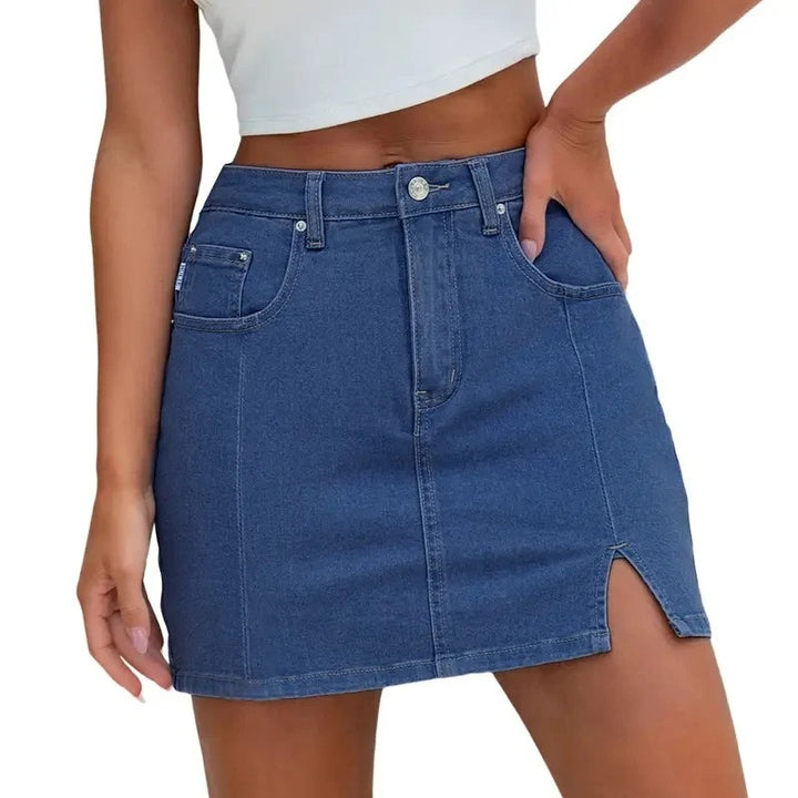 Denim Skirt | High Waisted Mini | Side Slit | Built In Shorts-Fashion Nora
