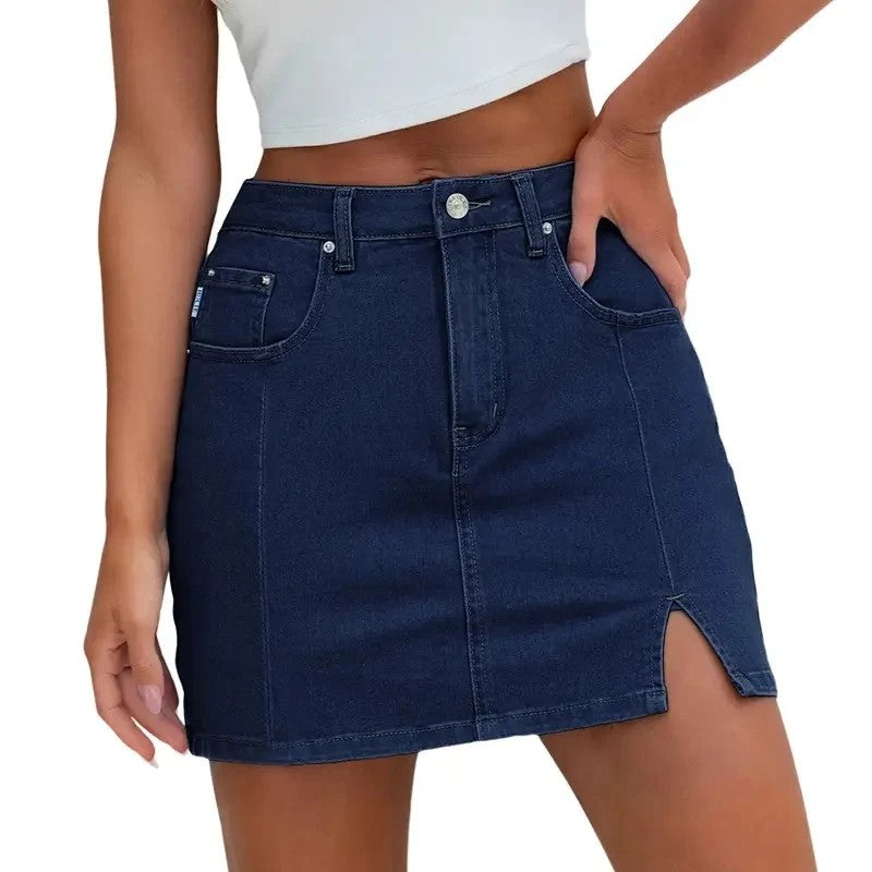 Denim Skirt | High Waisted Mini | Side Slit | Built In Shorts-Fashion Nora