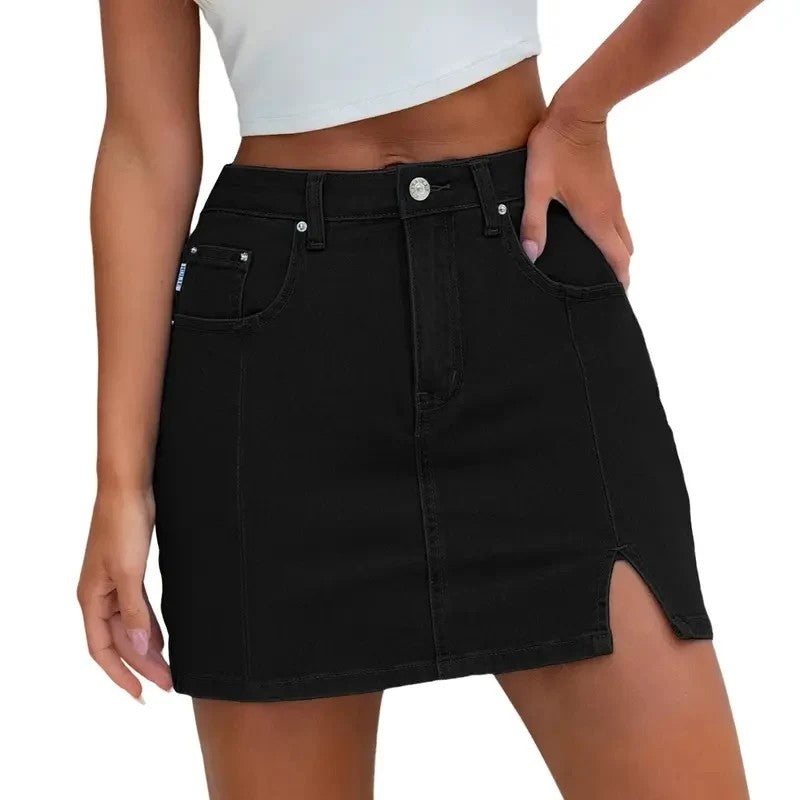 Denim Skirt | High Waisted Mini | Side Slit | Built In Shorts-Fashion Nora