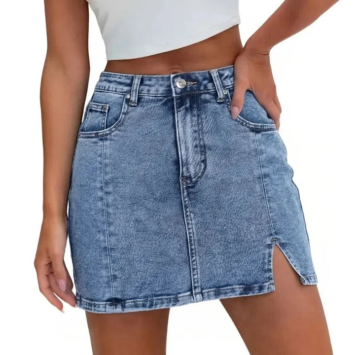 Denim Skirt | High Waisted Mini | Side Slit | Built In Shorts-Fashion Nora