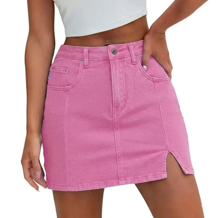 Denim Skirt | High Waisted Mini | Side Slit | Built In Shorts-Fashion Nora