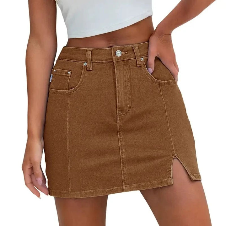 Denim Skirt | High Waisted Mini | Side Slit | Built In Shorts-Fashion Nora