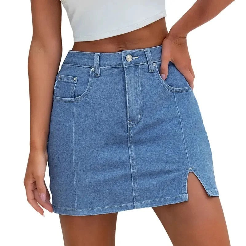 Denim Skirt | High Waisted Mini | Side Slit | Built In Shorts-Fashion Nora