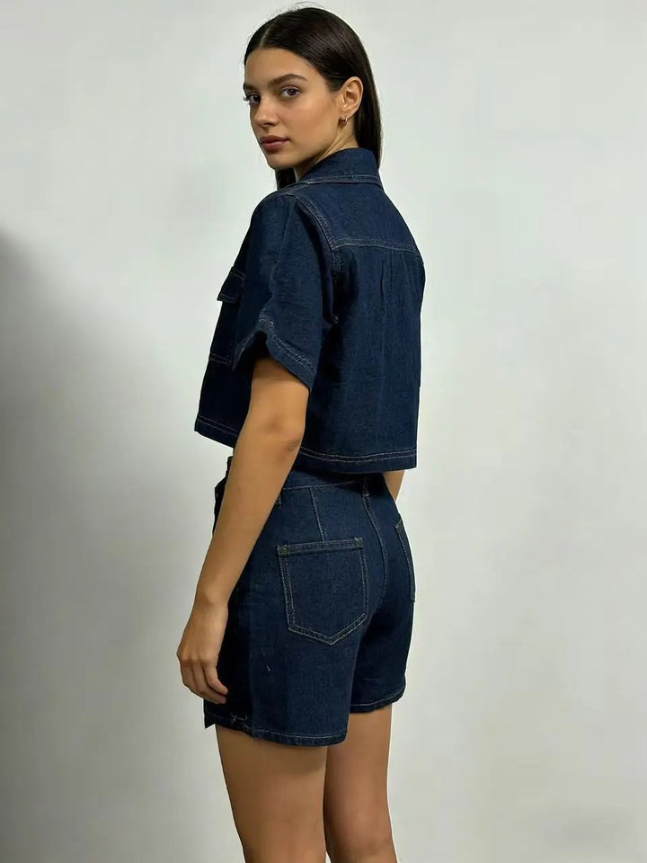 Denim Two Piece Set | Cropped Half Zip Top | Wrap Mini Skirt-Fashion Nora