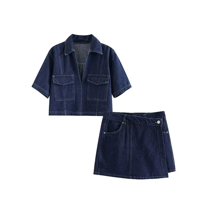 Denim Two Piece Set | Cropped Half Zip Top | Wrap Mini Skirt-Fashion Nora