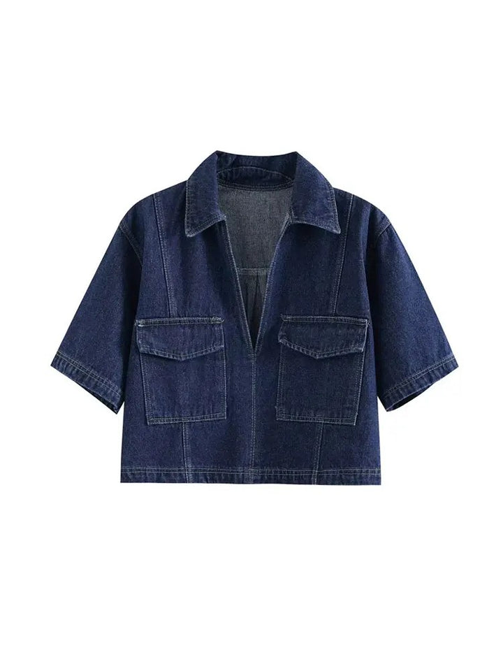 Denim Two Piece Set | Cropped Half Zip Top | Wrap Mini Skirt-Fashion Nora