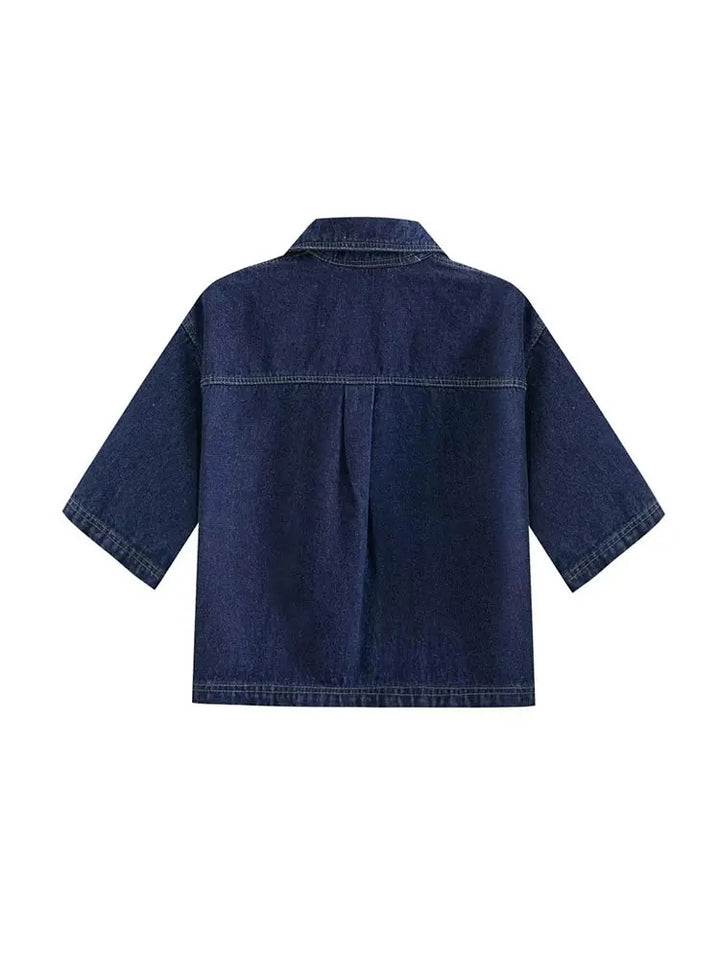 Denim Two Piece Set | Cropped Half Zip Top | Wrap Mini Skirt-Fashion Nora