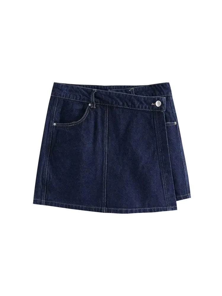 Denim Two Piece Set | Cropped Half Zip Top | Wrap Mini Skirt-Fashion Nora