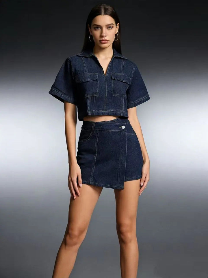 Denim Two Piece Set | Cropped Half Zip Top | Wrap Mini Skirt-Fashion Nora