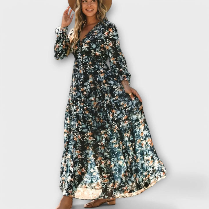 Elegant Maxi Dress | Floral | Long Sleeve-Fashion Nora