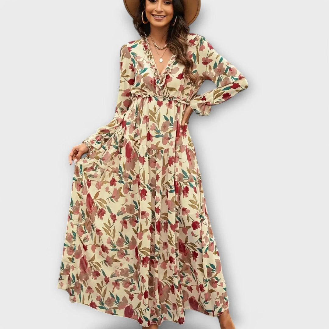 Elegant Maxi Dress | Floral | Long Sleeve-Fashion Nora