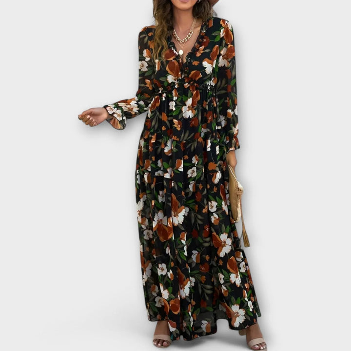 Elegant Maxi Dress | Floral | Long Sleeve-Fashion Nora