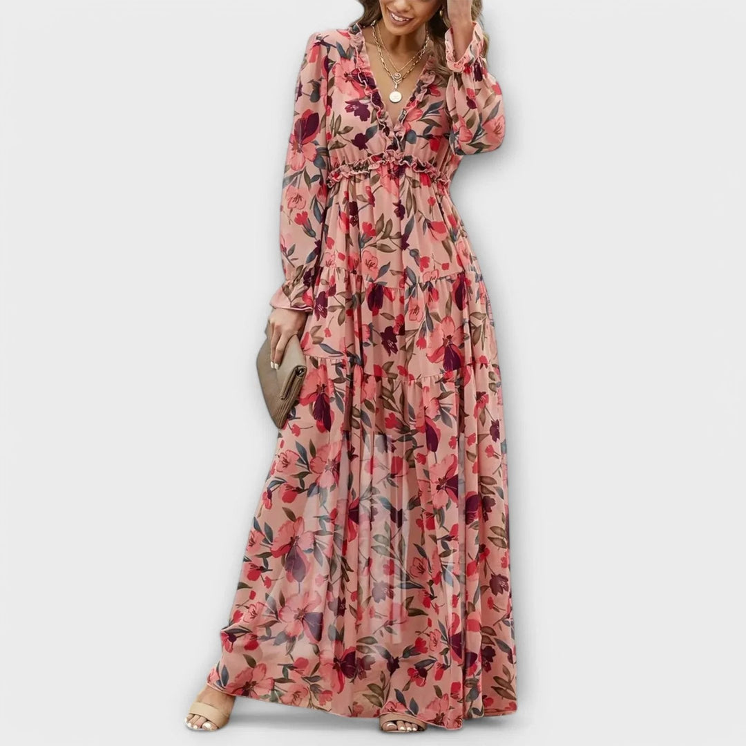Elegant Maxi Dress | Floral | Long Sleeve-Fashion Nora