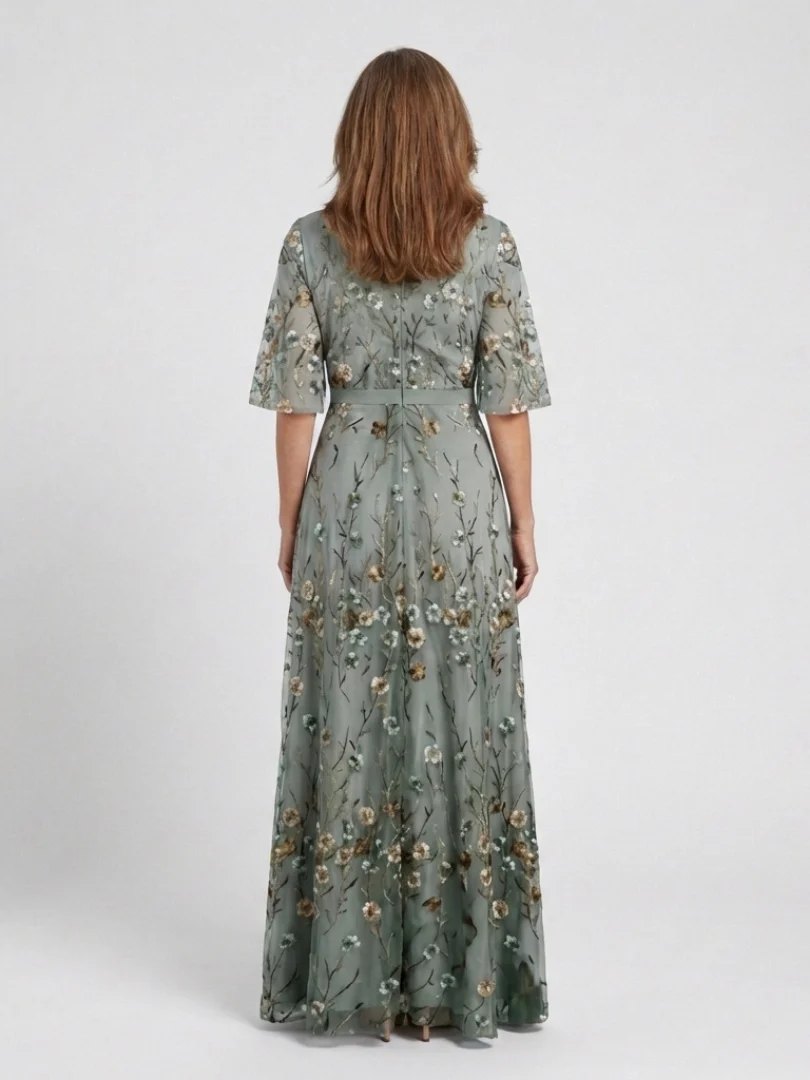 Embroidered Maxi Dress | V Neck | Cotton-Fashion Nora