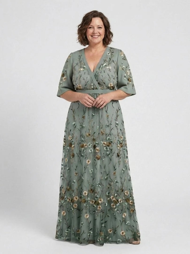 Embroidered Maxi Dress | V Neck | Cotton-Fashion Nora