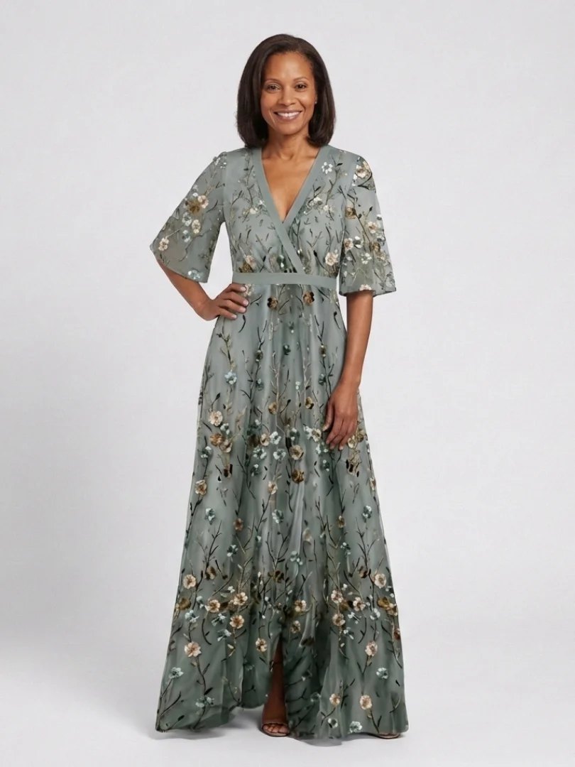 Embroidered Maxi Dress | V Neck | Cotton-Fashion Nora