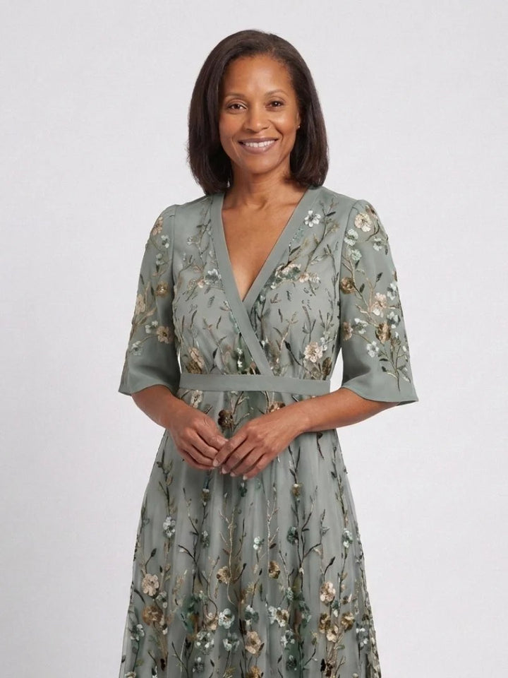 Embroidered Maxi Dress | V Neck | Cotton-Fashion Nora
