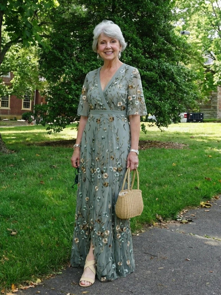 Embroidered Maxi Dress | V Neck | Cotton-Fashion Nora