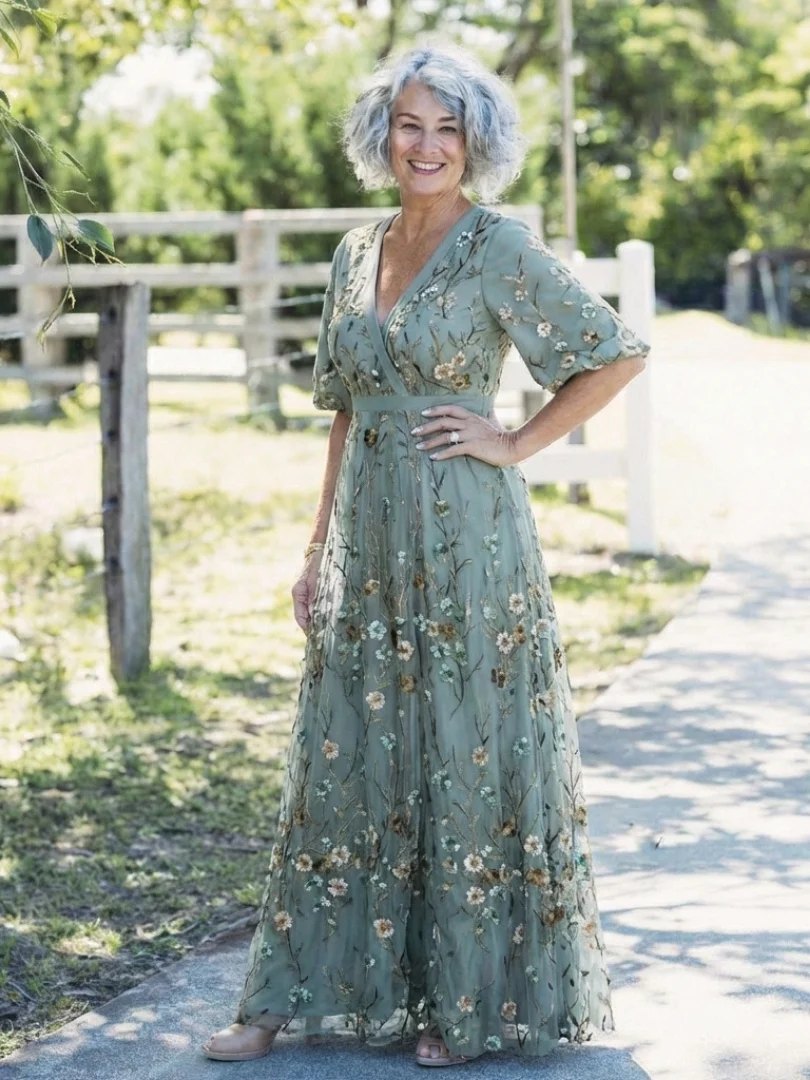 Embroidered Maxi Dress | V Neck | Cotton-Fashion Nora