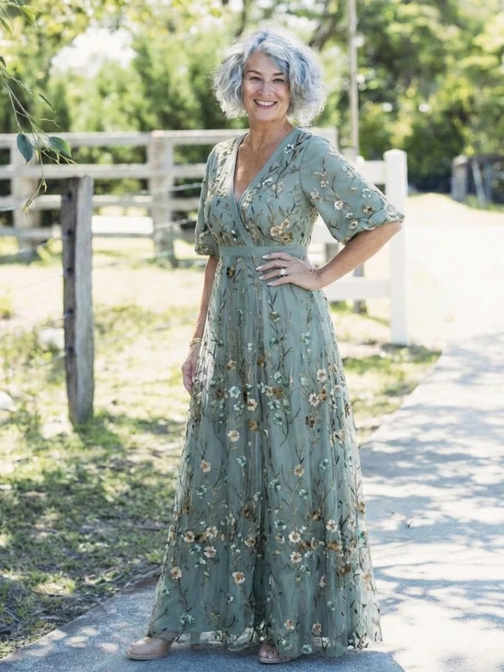 Embroidered Maxi Dress | V Neck | Cotton-Fashion Nora