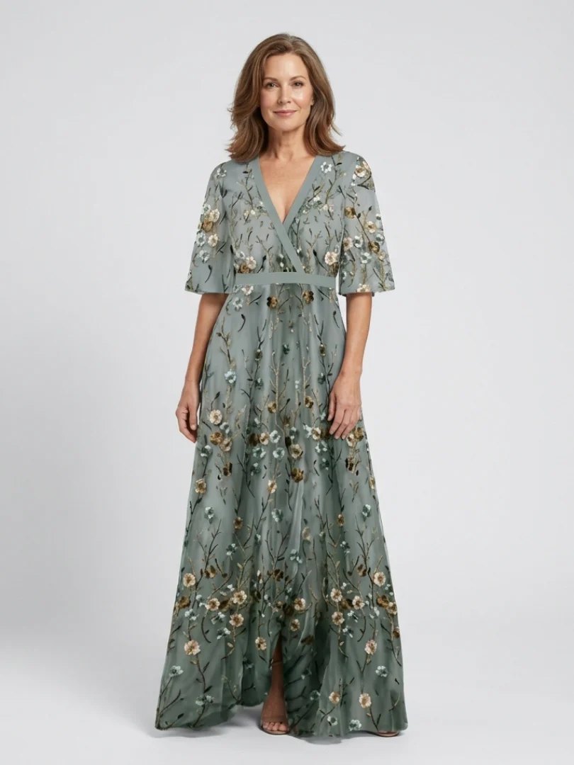 Embroidered Maxi Dress | V Neck | Cotton-Fashion Nora