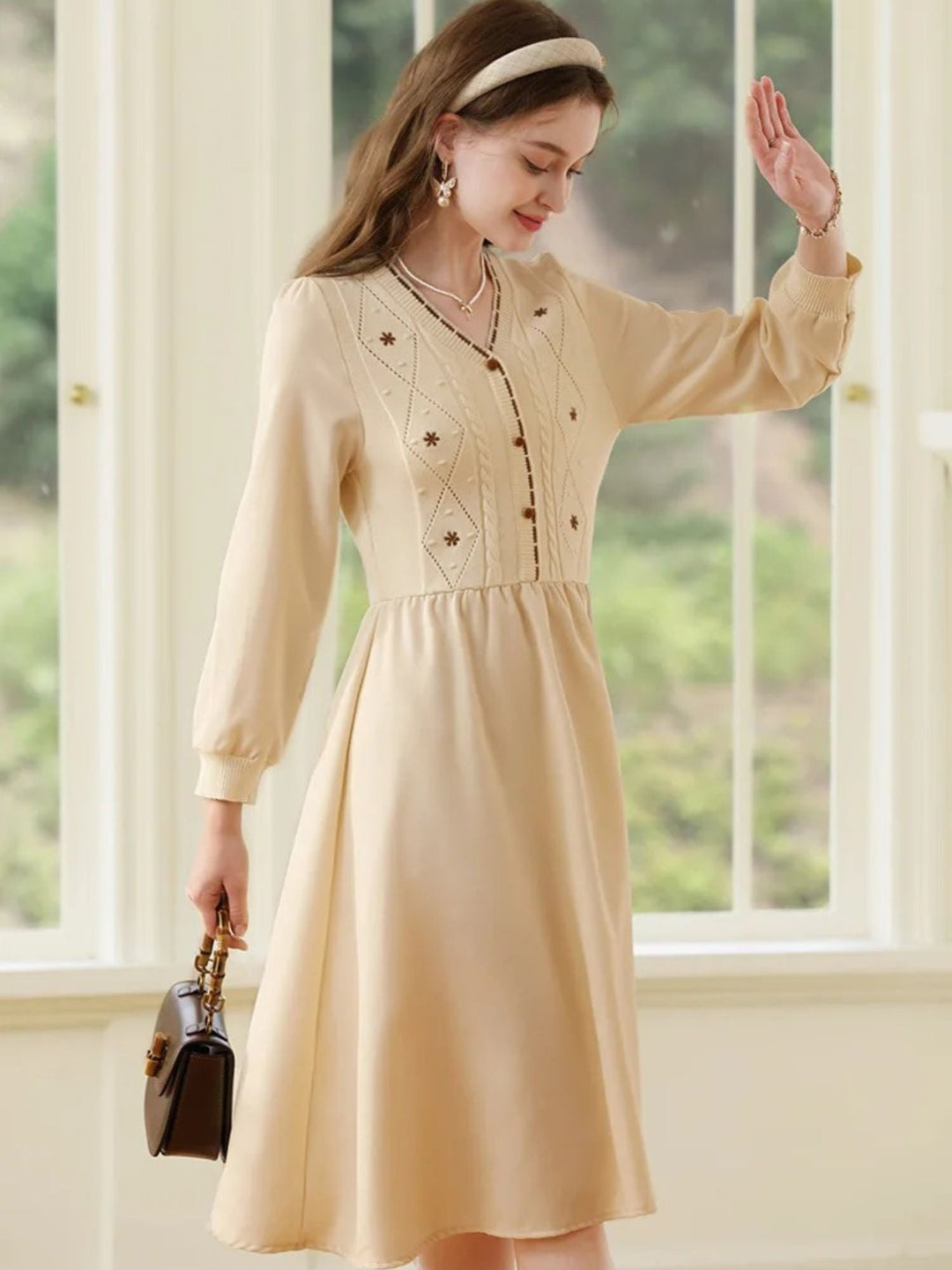 Embroidered Sweater Dress | V-Neck | Front Button Closure | A-Line Midi-Fashion Nora