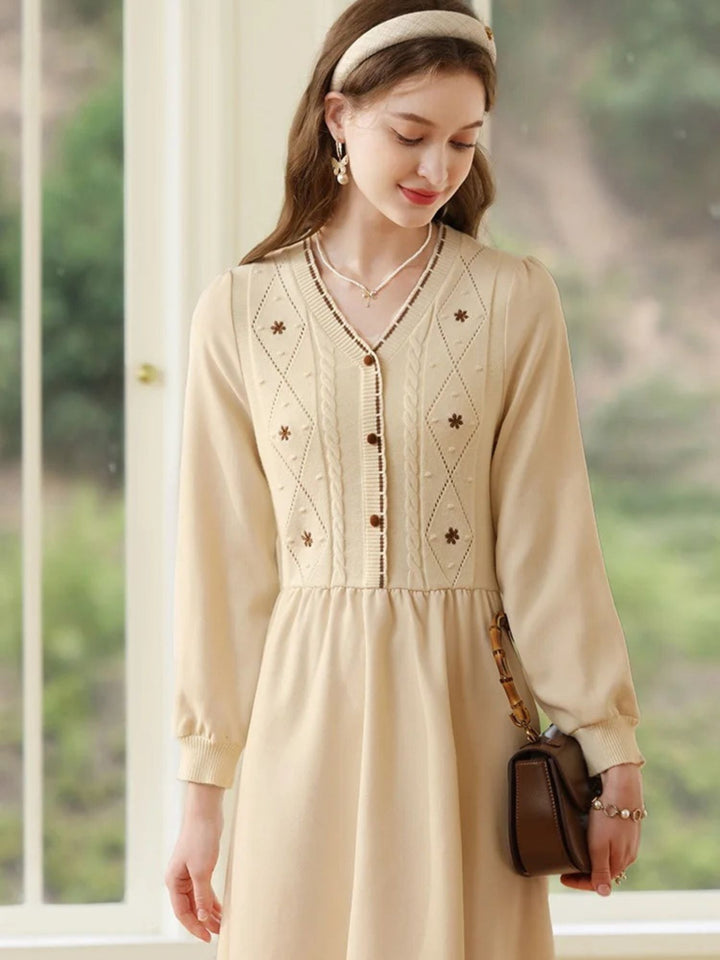 Embroidered Sweater Dress | V-Neck | Front Button Closure | A-Line Midi-Fashion Nora