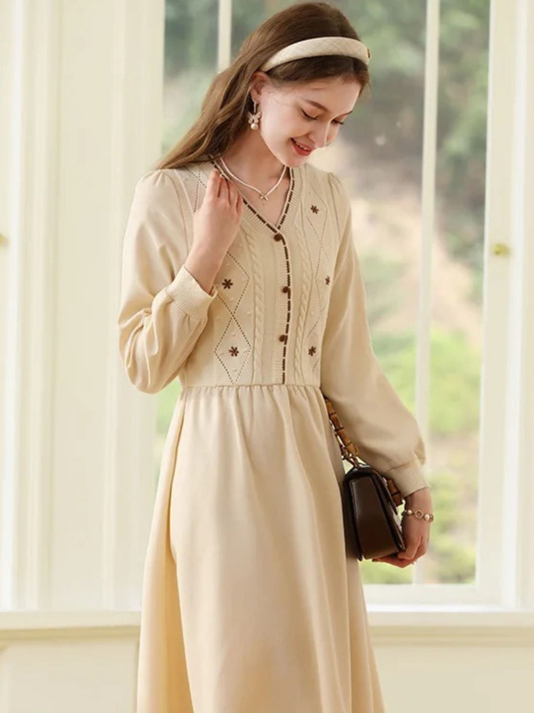 Embroidered Sweater Dress | V-Neck | Front Button Closure | A-Line Midi-Fashion Nora