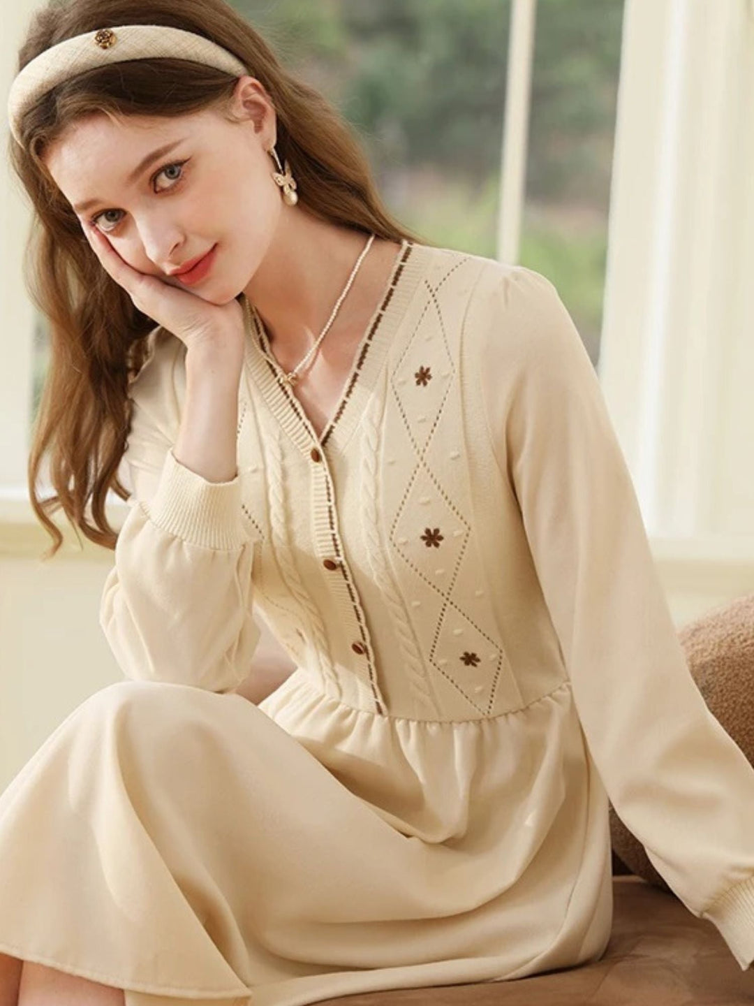 Embroidered Sweater Dress | V-Neck | Front Button Closure | A-Line Midi-Fashion Nora