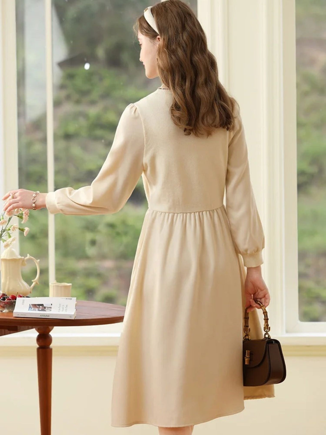 Embroidered Sweater Dress | V-Neck | Front Button Closure | A-Line Midi-Fashion Nora