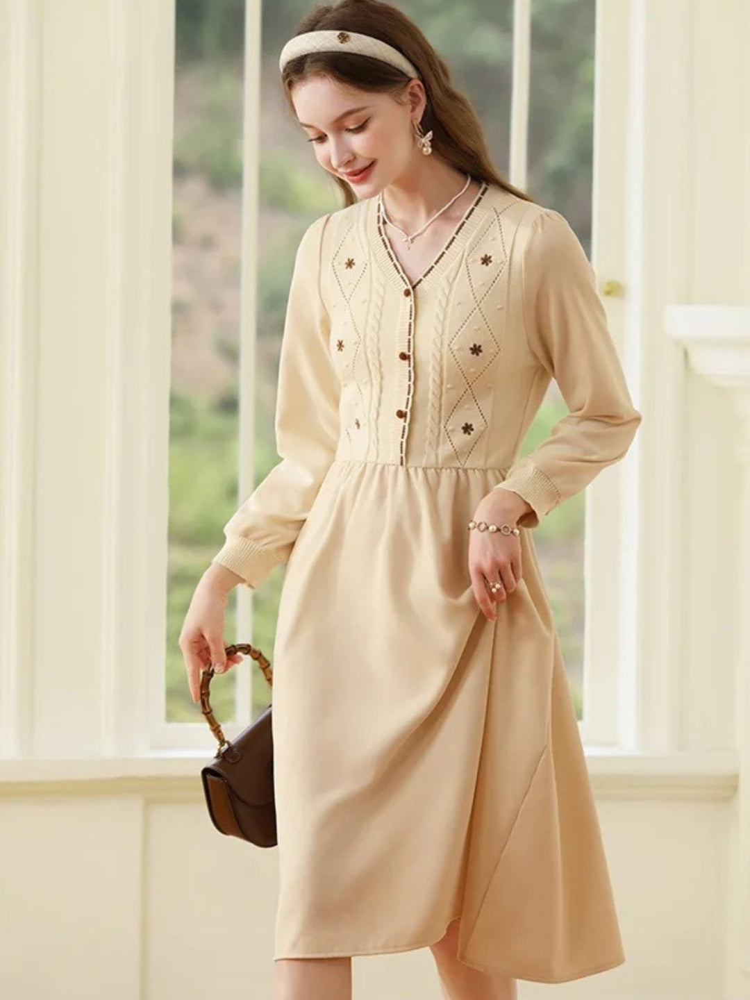 Embroidered Sweater Dress | V-Neck | Front Button Closure | A-Line Midi-Fashion Nora