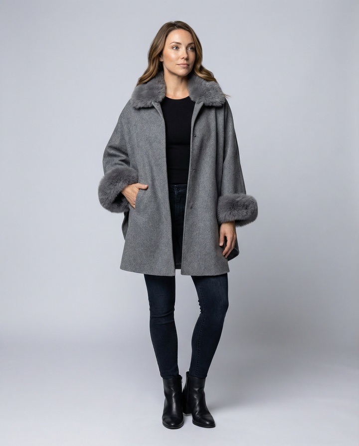 Faux Fur Trim Cape Jacket | Button Front | Winter Overcoat-Fashion Nora