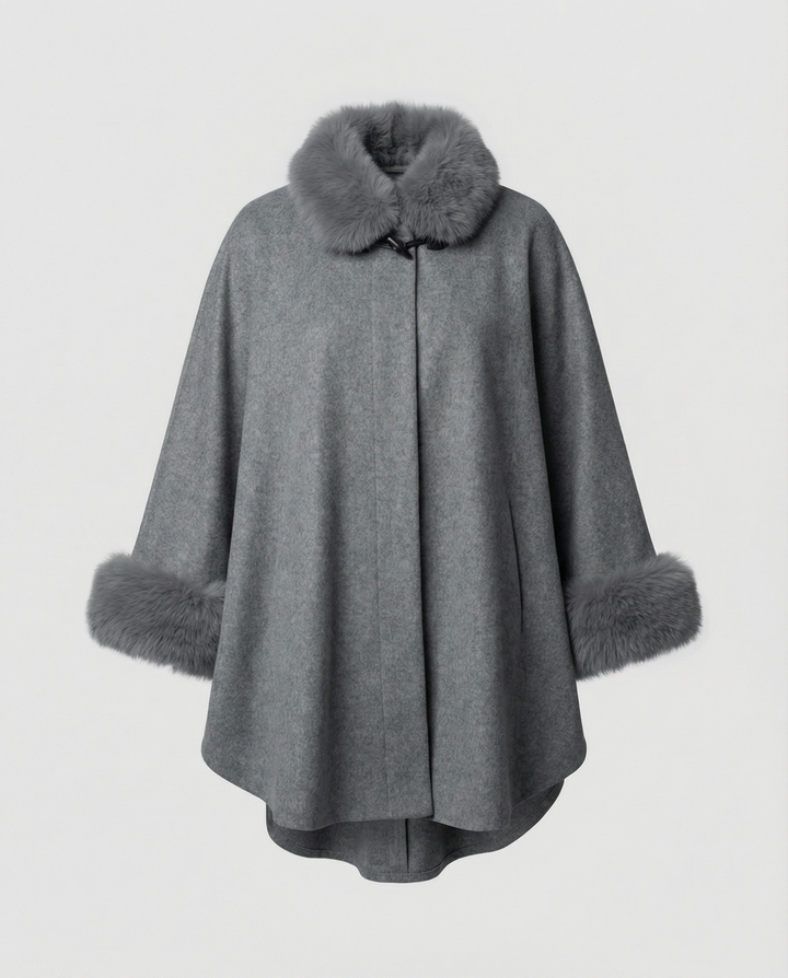 Faux Fur Trim Cape Jacket | Button Front | Winter Overcoat-Fashion Nora
