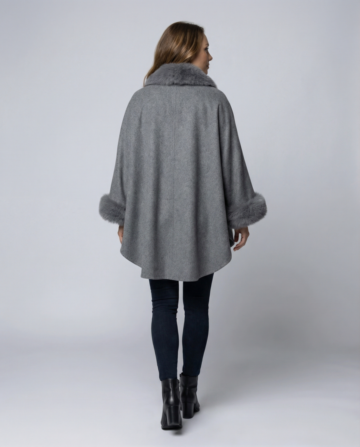 Faux Fur Trim Cape Jacket | Button Front | Winter Overcoat-Fashion Nora